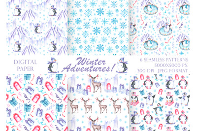Penguin digital paper, seamless pattern. Christmas, New Year, winter.