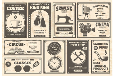 Retro newspaper goods and services old advertising banners. Vintage ne