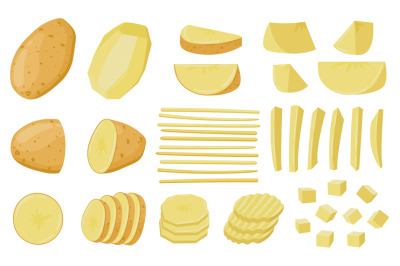 Cartoon sliced potatoes, chopped wedges and straws raw potato. Peeled