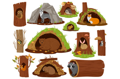 Cartoon forest animals inside hollow, burrow and nest. Woodland fauna