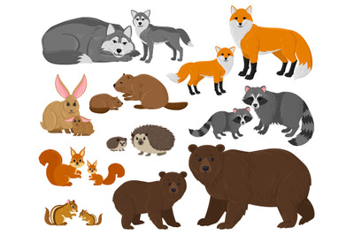 Cartoon forest woodland animals mothers with cute babies. Forest wild