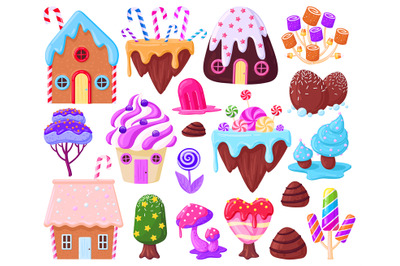 Cartoon sweet fantasy gingerbread houses and caramel trees. Fairy tale