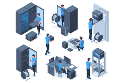 Isometric engineers characters serve data center network equipment. Co