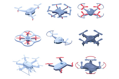 Isometric quadcopter, radio remote controlled flying drones. Unmanned