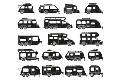 Camper vans, caravan rv cars and camping trailers silhouettes. Camping