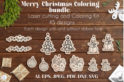 Merry Christmas Coloring Bundle. Christmas Ornaments Laser Cut SVG fil