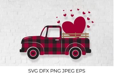 Valentines  retro truck. Red buffalo plaid.  Vintage pickup