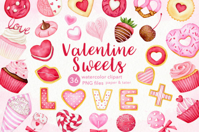 Watercolor Valentine Sweets Clipart, Love Cookies Cupcakes PNG