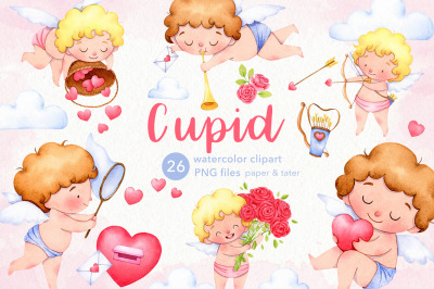 Watercolor Cupid Clipart, Valentines Day Love Angel PNG