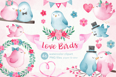 Watercolor Valentine Lovebirds Clipart, Sweet Wedding Birds PNG