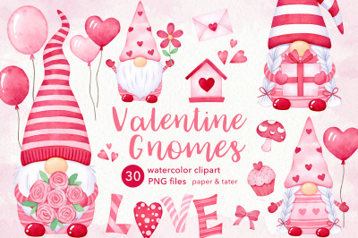 Watercolor Valentine Gnomes Clipart, Love Couple Gnomes PNG