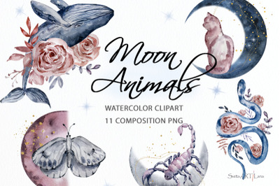 Watercolor Moon animals composition clipart