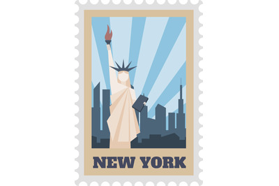 New york postal stamp label with statue liberty isolated