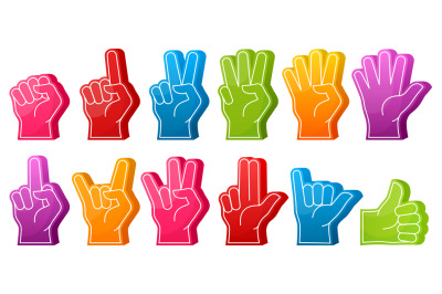 Fan foam fingers, sports fan support hands with different gestures. Fi