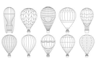 Hot air balloons, colouring page flying linear air balloons. Retro air