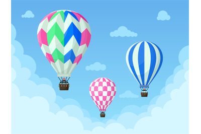 Flying hot air balloons, colorful aerostat soars in blue sky. Vintage