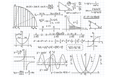 Mathematical algebra formulas, doodle equation and graphics signs. Mat