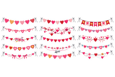 Romantic valentines day heart shaped bunting garlands. Cute hanging bu