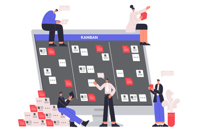 Software developers characters work with scrum task board. Kanban boar