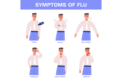 Flu or cold symptoms, sick person with sore throat, bad cough and feve