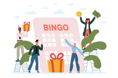 Lucky people play lottery game, bingo gambling games concept. Bingo or