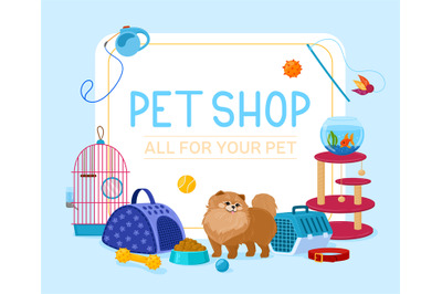 Cartoon pet shop accessories and equipment poster. Domestic pet food,