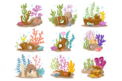 Cartoon aquarium decorations, marine seaweeds, coral and stones. Under