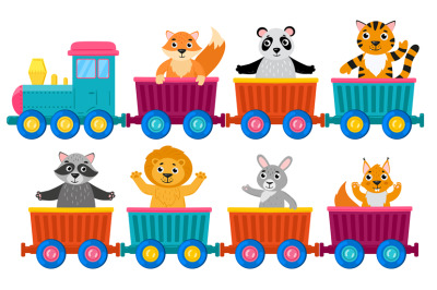 Cartoon cute animals on toy steam locomotive wagons. Toy train with fu