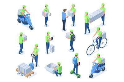 Isometric courier characters, logistic, delivery service workers. Cour