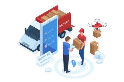 Isometric logistic, shipping service, delivery man carrying parcel. Co