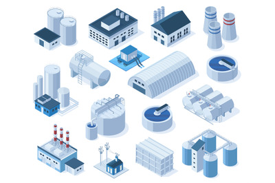 Isometric industrial factory buildings, warehouse, water purification