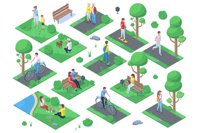 Isometric people in city park, outdoor activity, picnic sport recreati