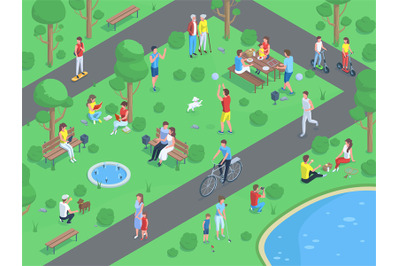 Isometric city park landscape with people doing outdoor activities. Pu