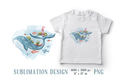 Whale sublimation for kids- 12&#039; x 12&#039; in and 3,5&#039; x 3,5&#039; in