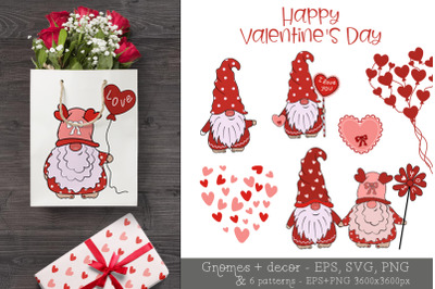 Bundle of Gnomes Valentine. Love. Seamless patterns. Sublimation.