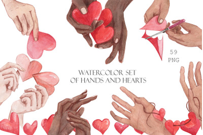 Watercolor set of hands and hearts