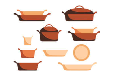 Cartoon ceramic cookware set, pots, pans, saucepans and utensils tools