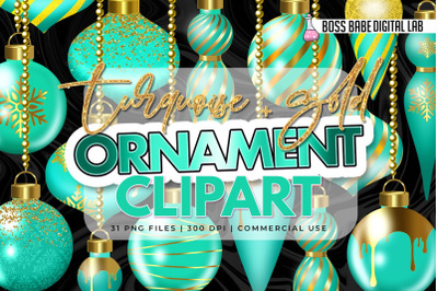 Glam Turquoise and Gold Christmas Ornament Clipart: Christmas clipart