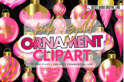 Glam Pink and Gold Christmas Ornament Clipart: Christmas clipart