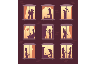 Silhouette in windows. People in night home lighting in house appartme