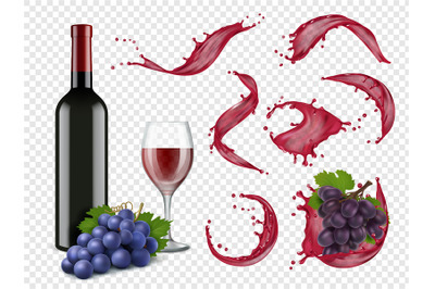 Wine splashes. Liquid red drops grapes bottles and glasses for alcohol