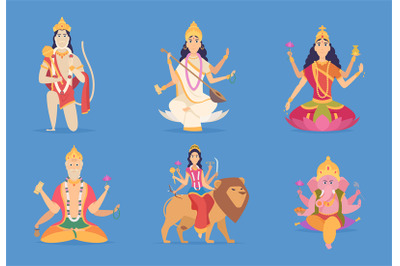 Indian god. Ganesha vishnu lakshmi and saraswati characters vector fan