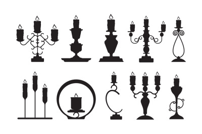 Candlestick silhouettes. Black shapes of candelabrum with burning flam