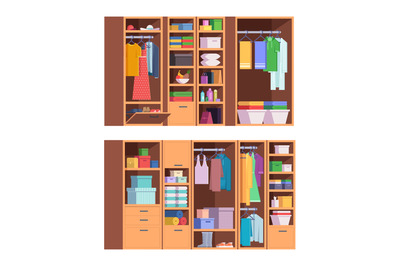 Wardrobe. Open and closed doors of home storage for clothes interior o