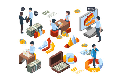 Financial concept isometric. Businessman money holding consulting grap