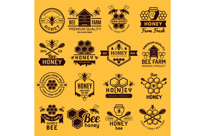 Apiary badges. Labels or logos for honey products natural healthy eco