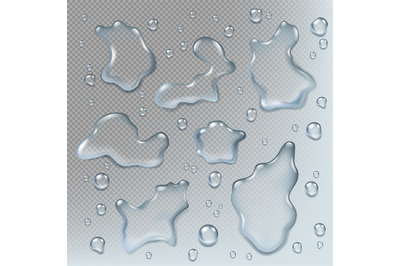 Puddles realistic. Top view liquid drops and puddle splashes wet envir