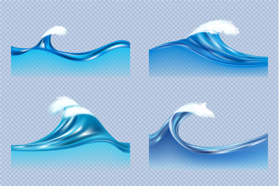 Water waves. Realistic liquid splashes of ocean or sea waves surfaces