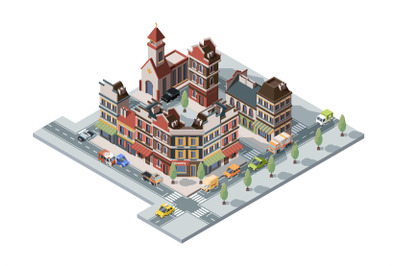 Old town isometric. Map 3d urban infrastructure retro historical house