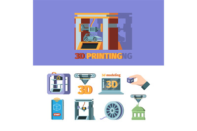 3d prints technology. Printing machine dimensional systems vector flat